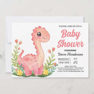 Enchanted Pink Printable Dinosaur Girl Baby Shower Invitation