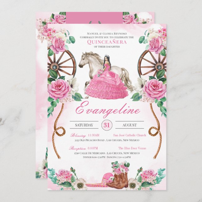 Enchanted Pink Rose Western Charro Quinceanera Invitation (Front/Back)