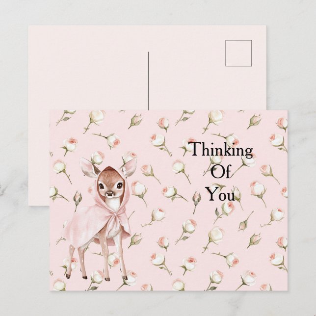  Enchanted Pink Roses Floral Deer Thinking of you Postcard (Front/Back)