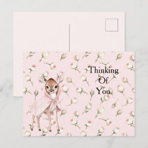  Enchanted Pink Roses Floral Deer Thinking of you Postcard