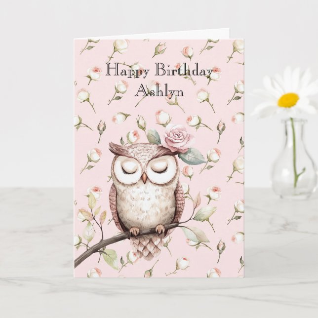 Enchanted Pink Roses Floral Owl Birthday Card (Small Plant)