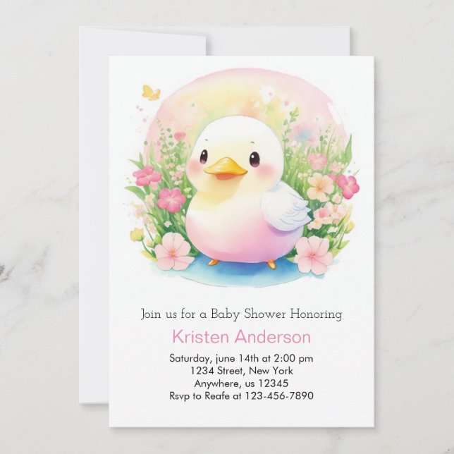 Enchanted Pink Watercolor Duck Girl Baby Shower Invitation (Front)