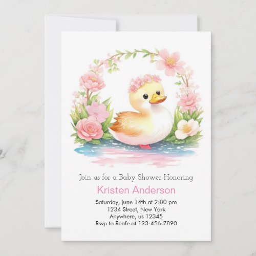 Enchanted Pink Wildflowers Duck Girl Baby Shower Invitation