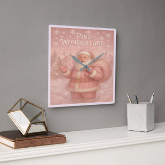 Enchanted Pink Wonderland Santa Square Wall Clock