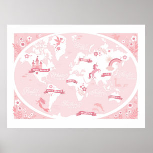 Enchanted Pink World Map - Children's Art Poster