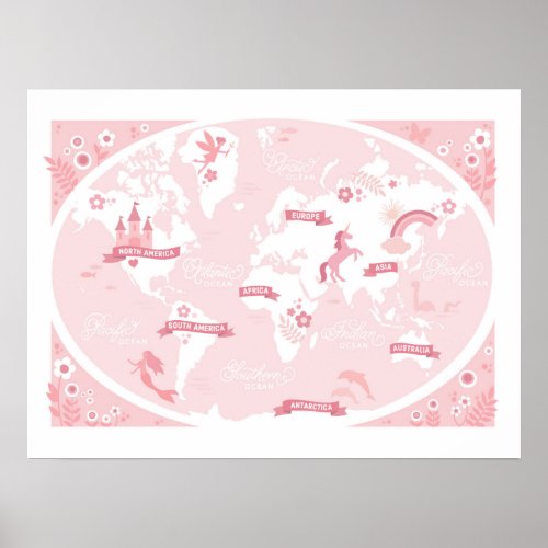 Enchanted Pink World Map _ Childrens Art Poster