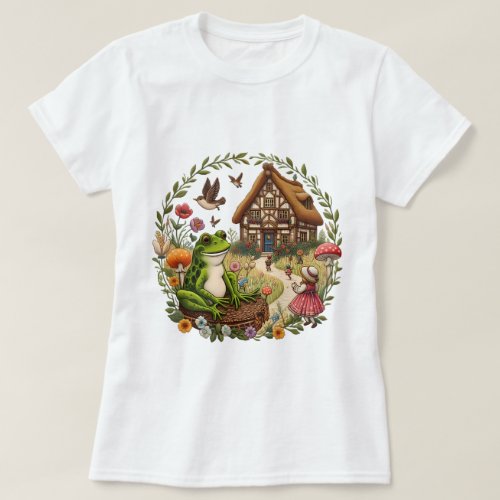 Enchanted Pond Tales Vintage Embroidered Frog Sto T_Shirt
