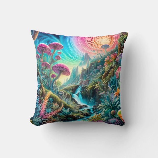 Enchanted Psychedelic Dreamscape Throw Pillow (Front)