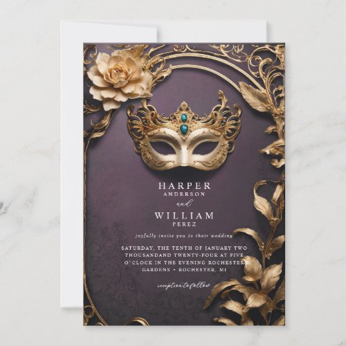 Enchanted purple and gold Masquerade Wedding Invitation