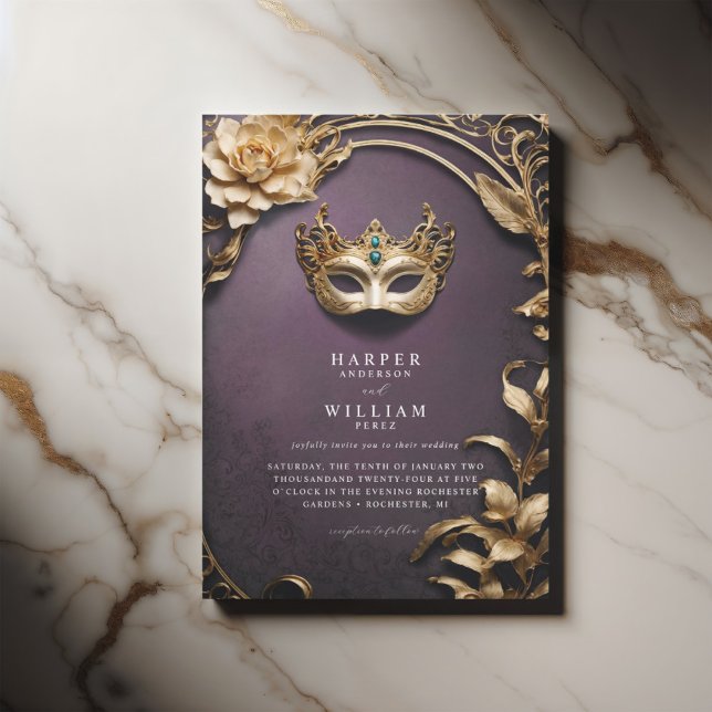 Enchanted purple and gold Masquerade Wedding Invitation (Dramatic theater purple, richly ornamentated masquerade wedding with a vintage touch.)