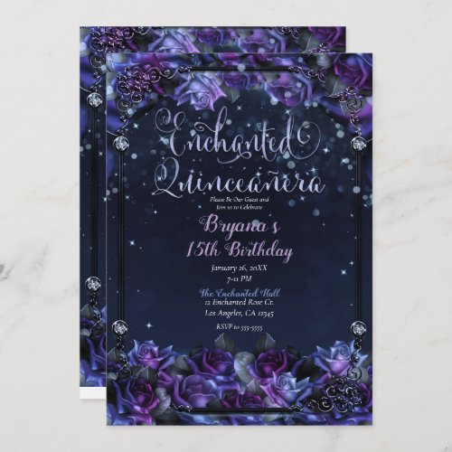 Enchanted Purple Fantasy Roses Garden Quinceaera Invitation