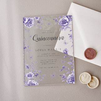 Enchanted  Purple Floral Quinceanera 15th Birthday Acrylic Invitations