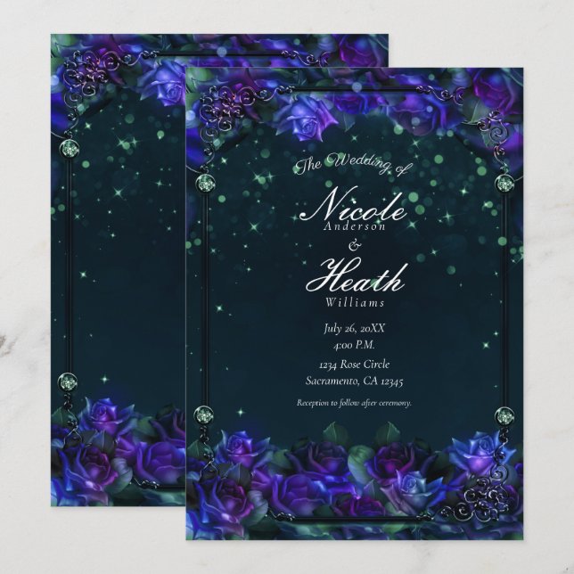 Enchanted Purple Green Garden Glow Roses Wedding   Invitation (Front/Back)