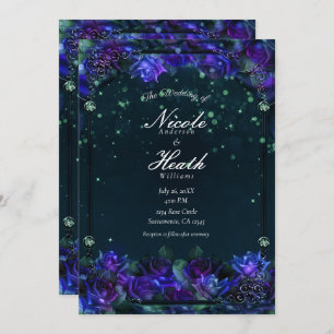 Enchanted Purple Green Garden Glow Roses Wedding Invitation