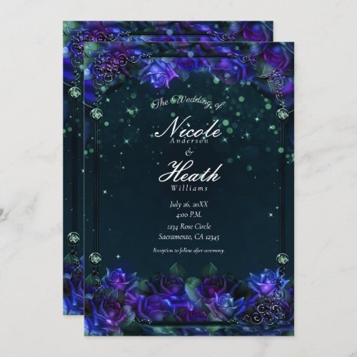 Enchanted Purple Green Garden Glow Roses Wedding   Invitation
