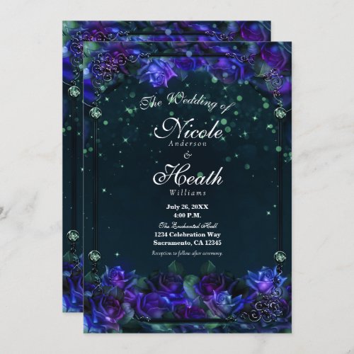 Enchanted Purple Green Garden Glow Roses Wedding  Invitation