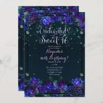 Enchanted Purple Green Garden Glow Sweet 16  Invitation by printabledigidesigns at Zazzle