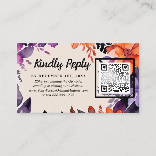 Enchanted Purple + Orange Floral Halloween Wedding Enclosure Card (Front)