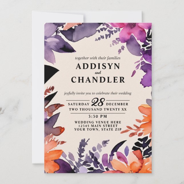 Enchanted Purple + Orange Floral Halloween Wedding Invitation (Front)