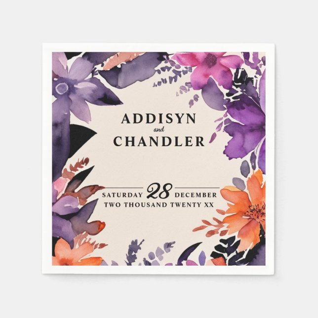 Enchanted Purple + Orange Floral Halloween Wedding Napkins (Front)