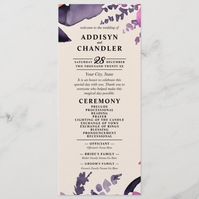 Enchanted Purple + Orange Floral Halloween Wedding Program (Front)