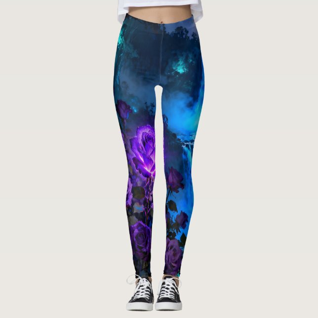 Enchanted Purple Rose Waterfall Leggings (Front)