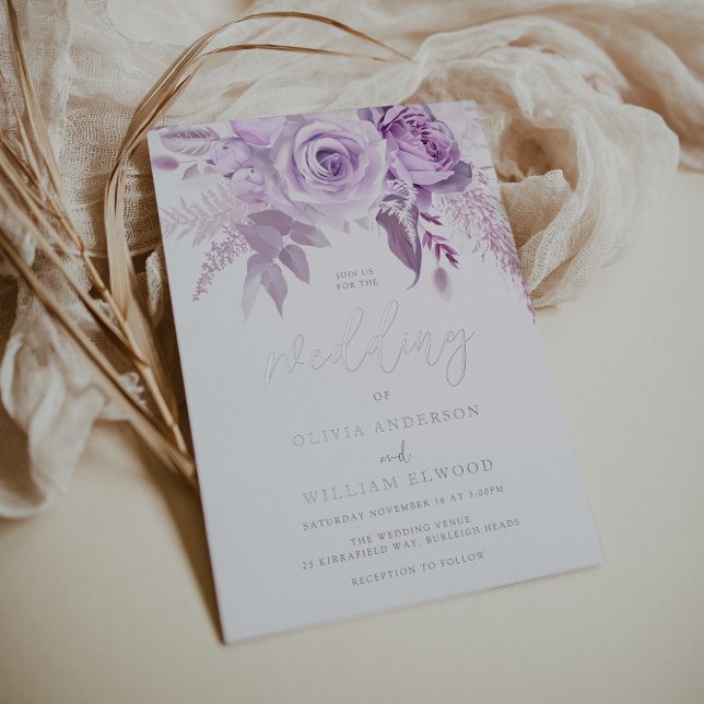 Enchanted Purple Roses Elegant Wedding Silver Foil Invitation (Creator Uploaded)
