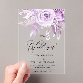 Enchanted Purple Roses Modern Wedding Acrylic Invitations