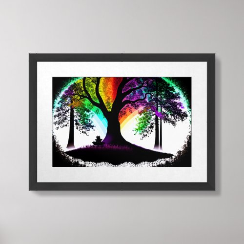 Enchanted Rainbow Artistic Black Tree Silhouettes Framed Art