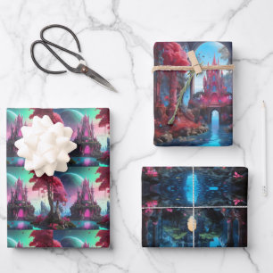 Enchanted Realm – Fantasy Castle & Mystic Plant Wrapping Paper Sheets