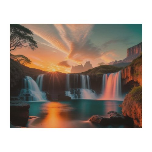 Enchanted Realms Cascading Waterfalls  sunset Wood Wall Art