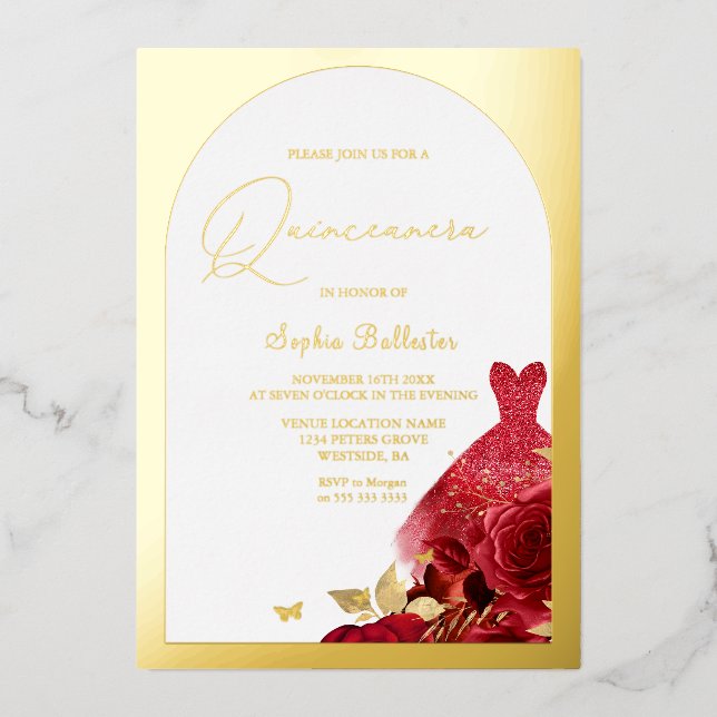 Enchanted Red Dress Blush Floral Quinceanera Gold Foil Invitation (Front)
