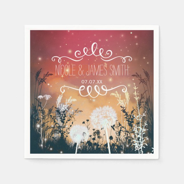 Enchanted Red Evening Sky Stars & Foliage Wedding Paper Napkins (Front)