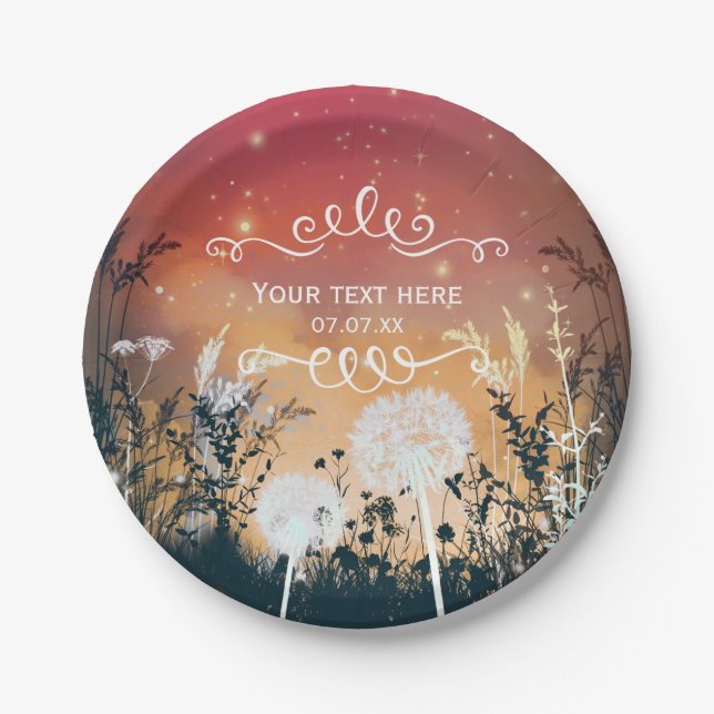 Enchanted Red Evening Sky Stars & Foliage Wedding Paper Plates (Front)
