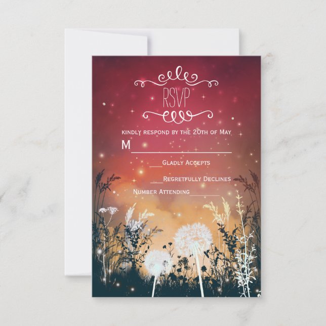 Enchanted Red Night Sky Stars & Foliage RSVP Card (Front)
