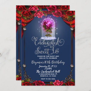 Enchanted Red Rose Beauty Birthday Party Sweet 16 Invitation