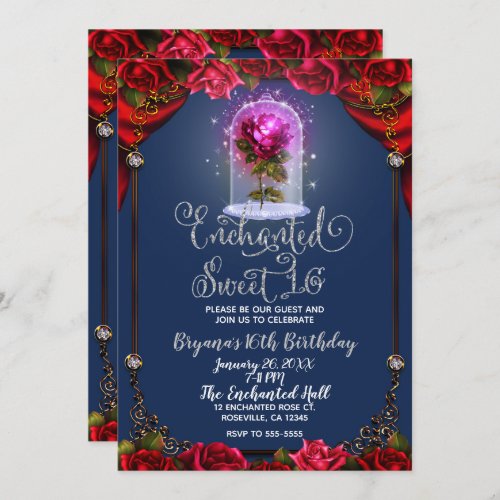 Enchanted Red Rose Beauty Birthday Party Sweet 16 Invitation