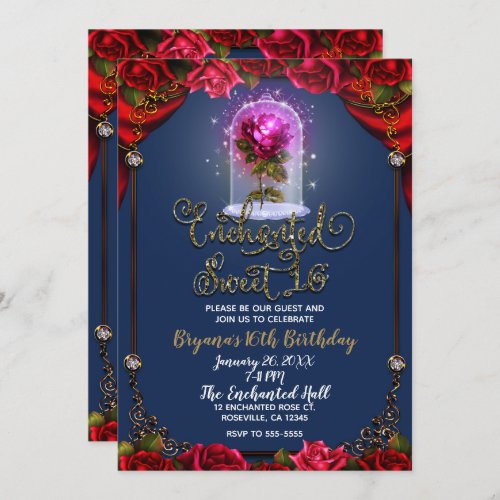 Enchanted Red Rose Beauty Birthday Party Sweet 16 Invitation