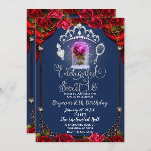 Enchanted Red Rose Beauty Sweet 16 Birthday Party Invitation