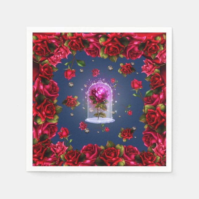 Enchanted Red Rose & Diamond Bling Elegant Party Napkins (Front)