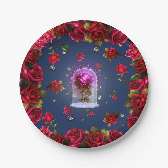 Enchanted Red Rose & Diamond Bling Elegant Party Paper Plates (Front)