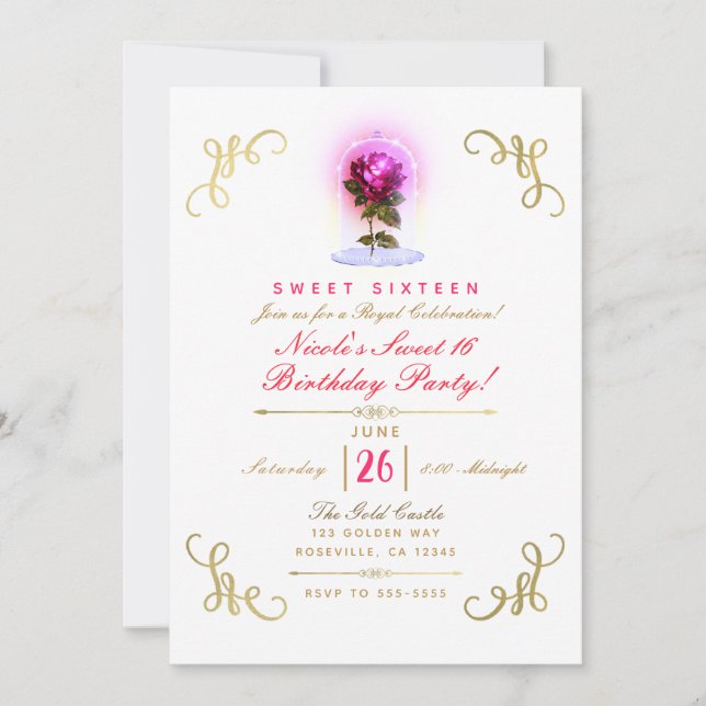 Enchanted Red Rose Floral Gold Sweet 16 Party Invitation (Front)