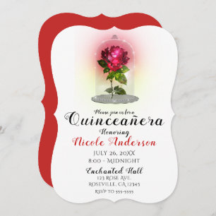 Enchanted Red Rose Sparkly Quinceañera Party Invitation