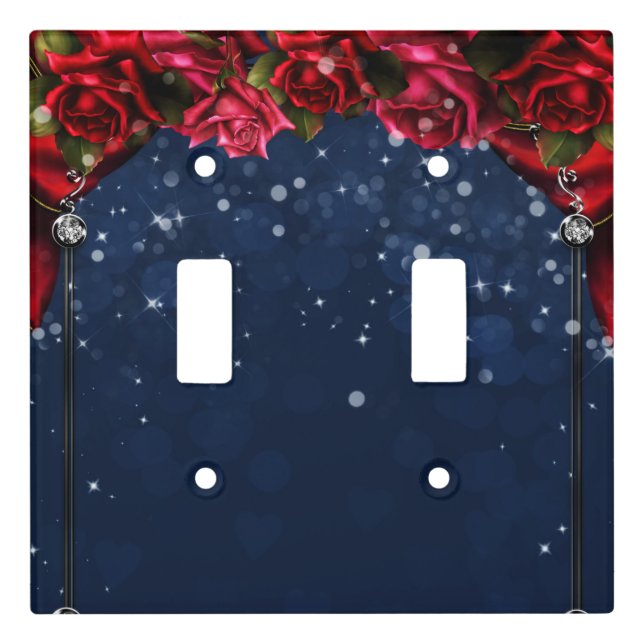 Enchanted Red Roses Navy Blue & Gold Elegant  Light Switch Cover (Front)