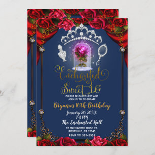 Enchanted Rose Beauty Sweet 16 Party Blue Gold Invitation