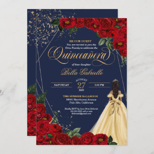 Enchanted Rose Red & Gold Fairytale Quinceañera Invitation