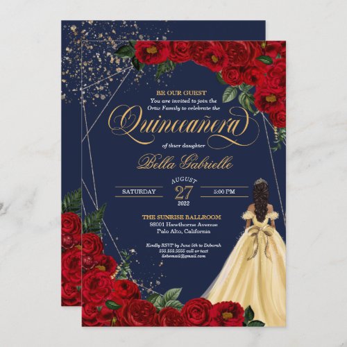 Enchanted Rose Red  Gold Fairytale Quinceaera Invitation