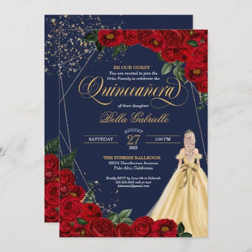 Enchanted Rose Red  Gold Fairytale Quinceaera Invitation