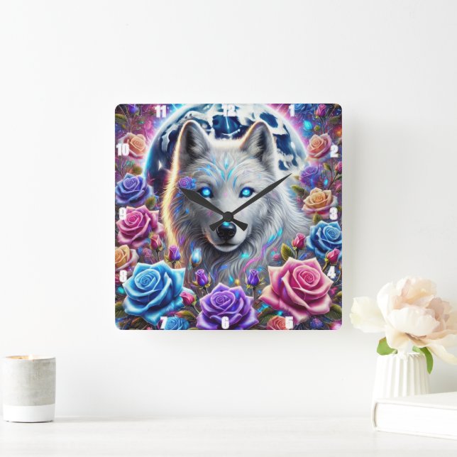Enchanted Rose Wolf Square Wall Clock (Home)