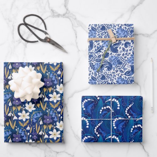 Enchanted Royal Blue Early Spring Floral Pattern Wrapping Paper Sheets